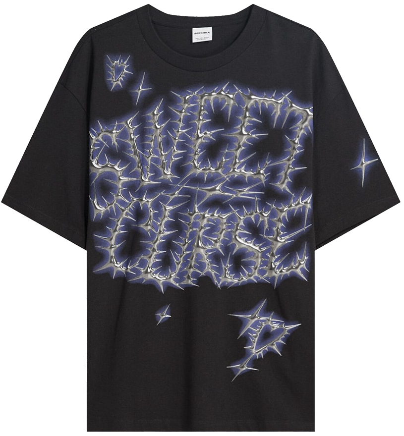 Bershka Tričko  tmavofialová / čierna / strieborná