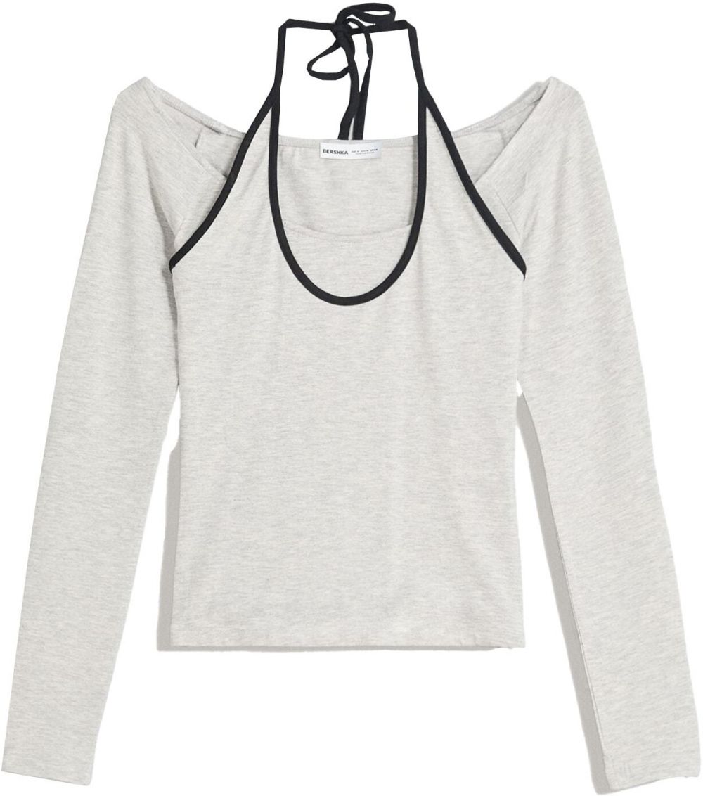 Bershka Tričko  svetlosivá / čierna
