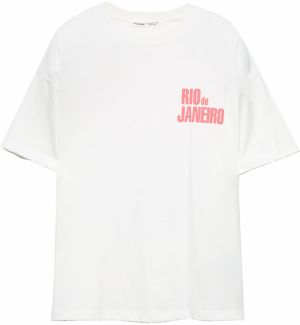 Pull&Bear Tričko 'RIO DE JANEIRO'  kaki / tmavozelená / koralová / biela