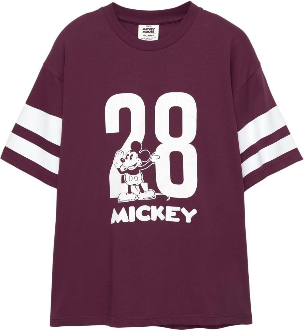 Pull&Bear Tričko 'MICKEY 28'  burgundská / biela