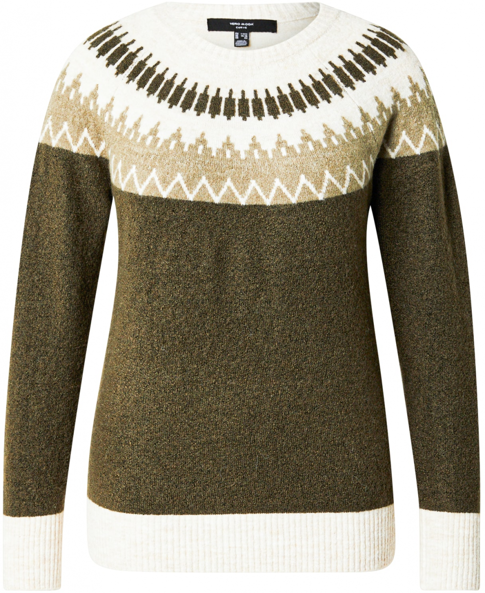 Vero Moda Curve Sveter 'VMCSIMONE'  kaki / trstinová / biela