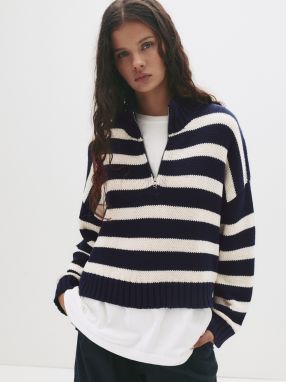 Pull&Bear Sveter  námornícka modrá / biela ako vlna