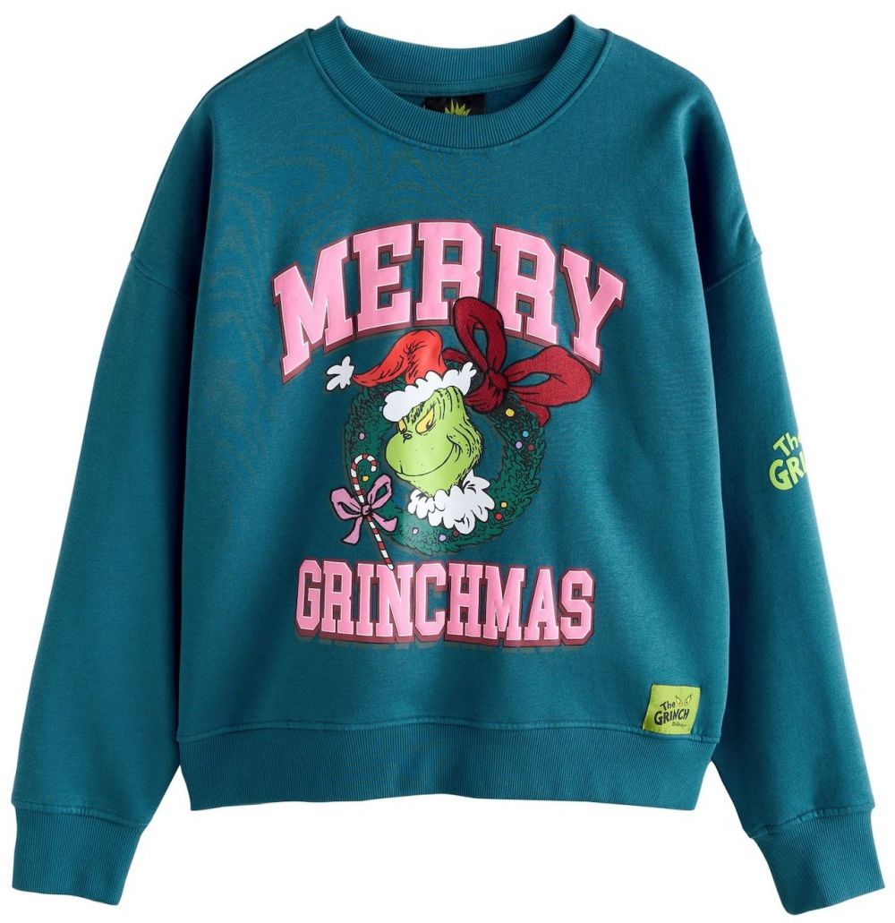 Next Mikina 'The Grinch Official License Fun Wreath Bow Christmas'  smaragdová / svetloružová / červená / biela