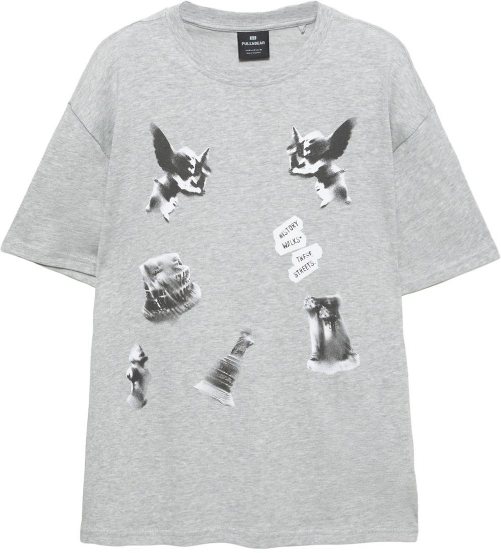 Pull&Bear Tričko  sivá melírovaná / čierna / biela