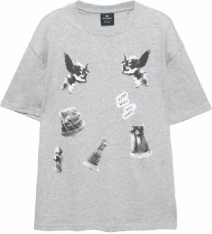 Pull&Bear Tričko  sivá melírovaná / čierna / biela