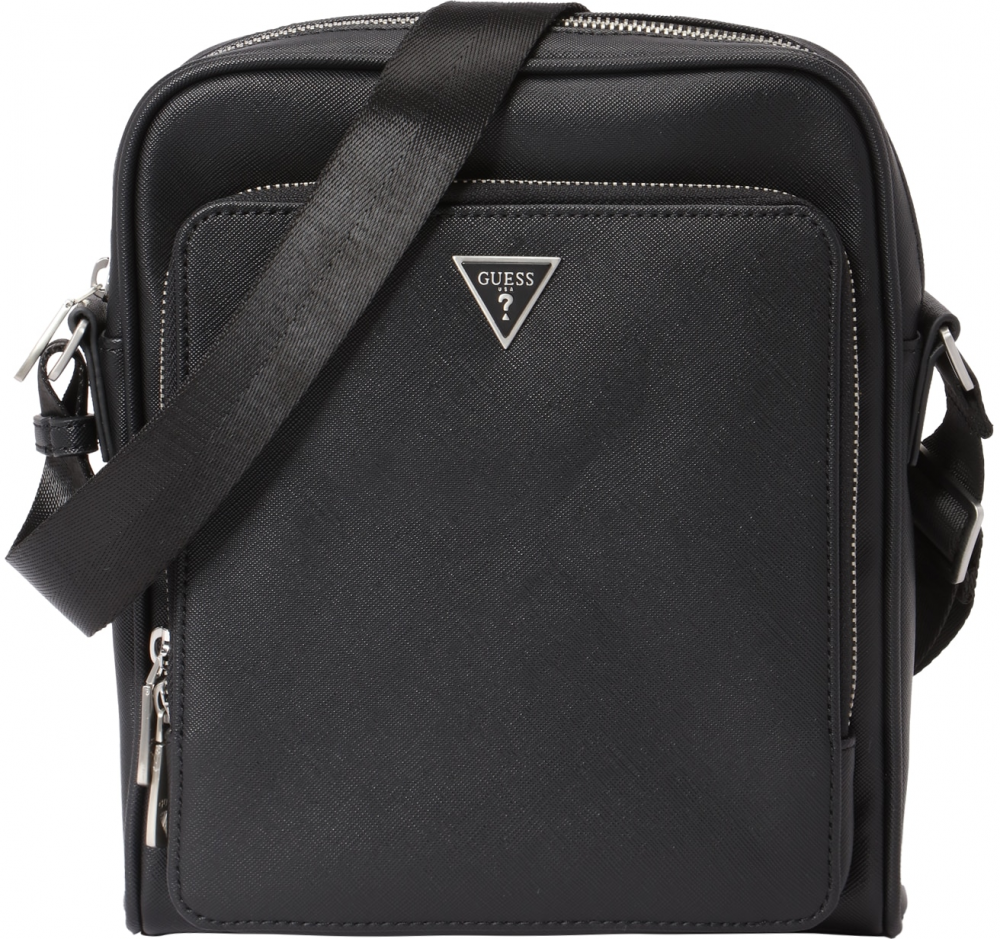 GUESS Taška cez rameno 'MILANO TOP ZIP XBDY W FRT PCKT'  čierna / strieborná