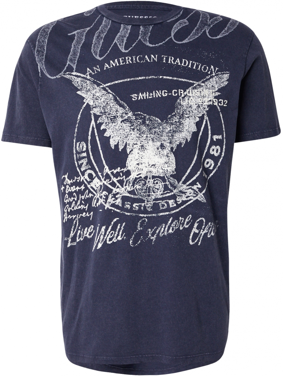 GUESS Tričko 'LIVE WELL'  námornícka modrá / biela