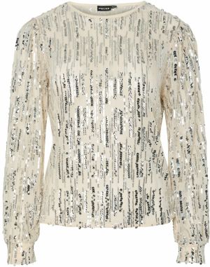 PIECES Tričko 'MALLE'  béžová / strieborná