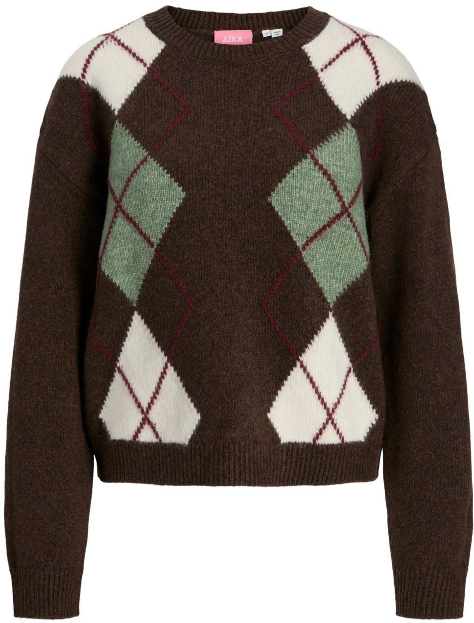 JJXX Sveter 'HARVI'  tmavohnedá / mätová / karmínovo červená / biela