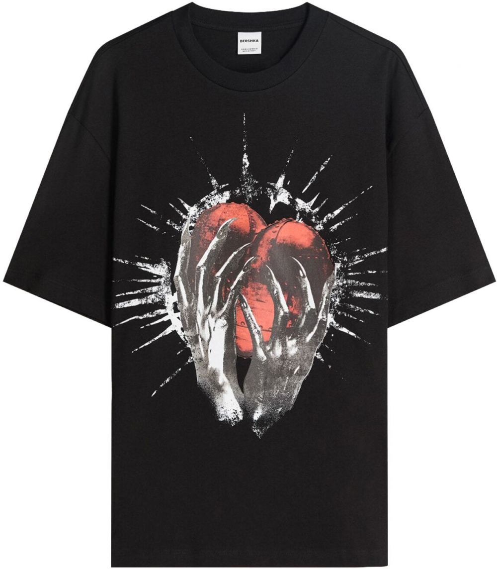 Bershka Tričko 'HEART'  antracitová / svetločervená / čierna / biela