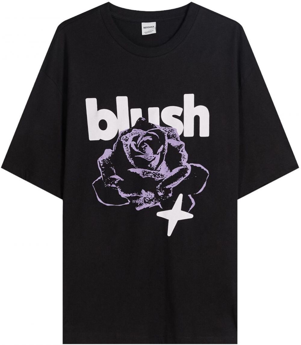 Bershka Tričko 'ROSE BLUSH'  levanduľová / čierna / biela