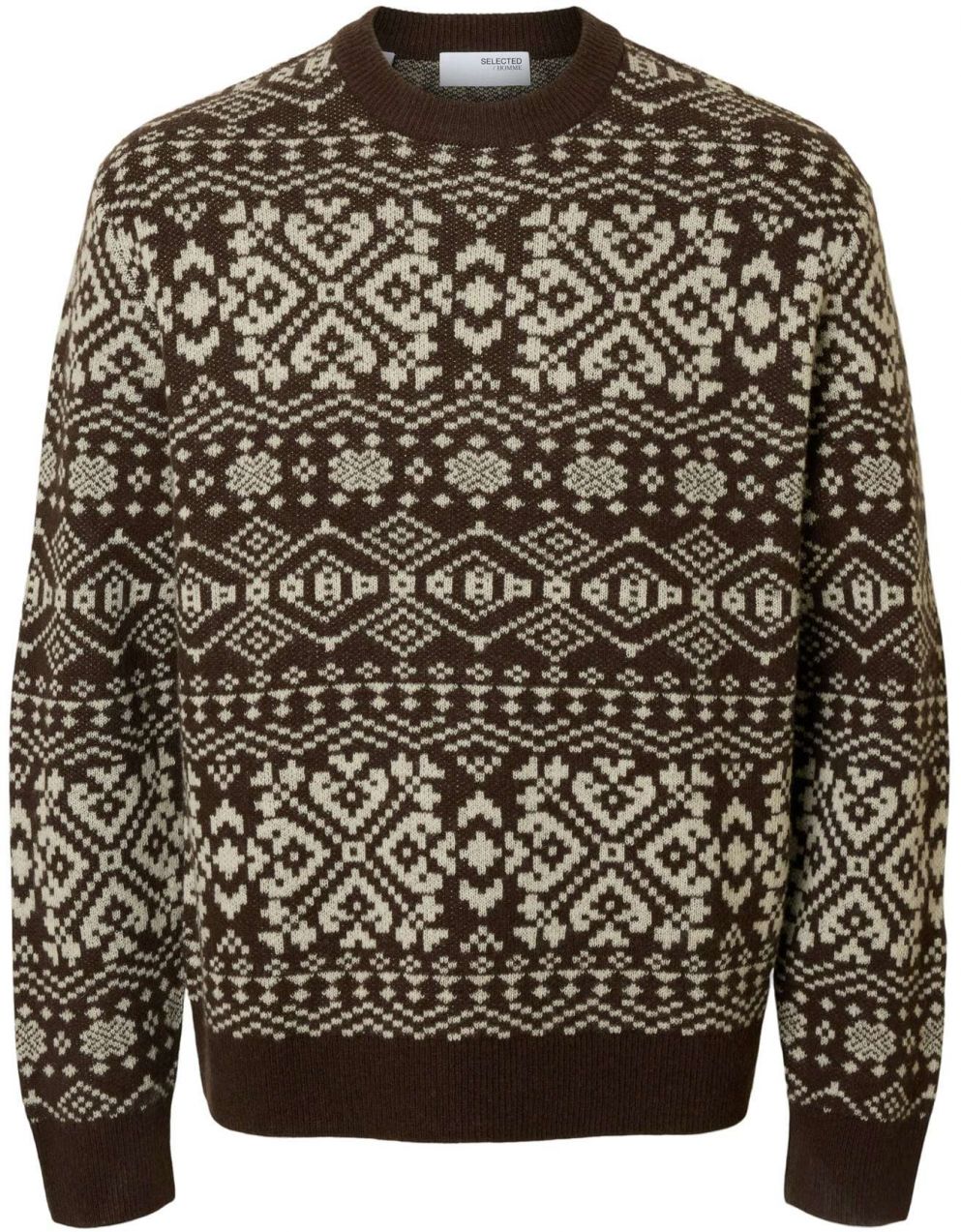 SELECTED Sveter 'SLHHOLGER'  tmavohnedá / prírodná biela