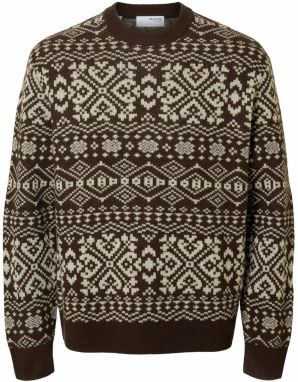 SELECTED Sveter 'SLHHOLGER'  tmavohnedá / prírodná biela