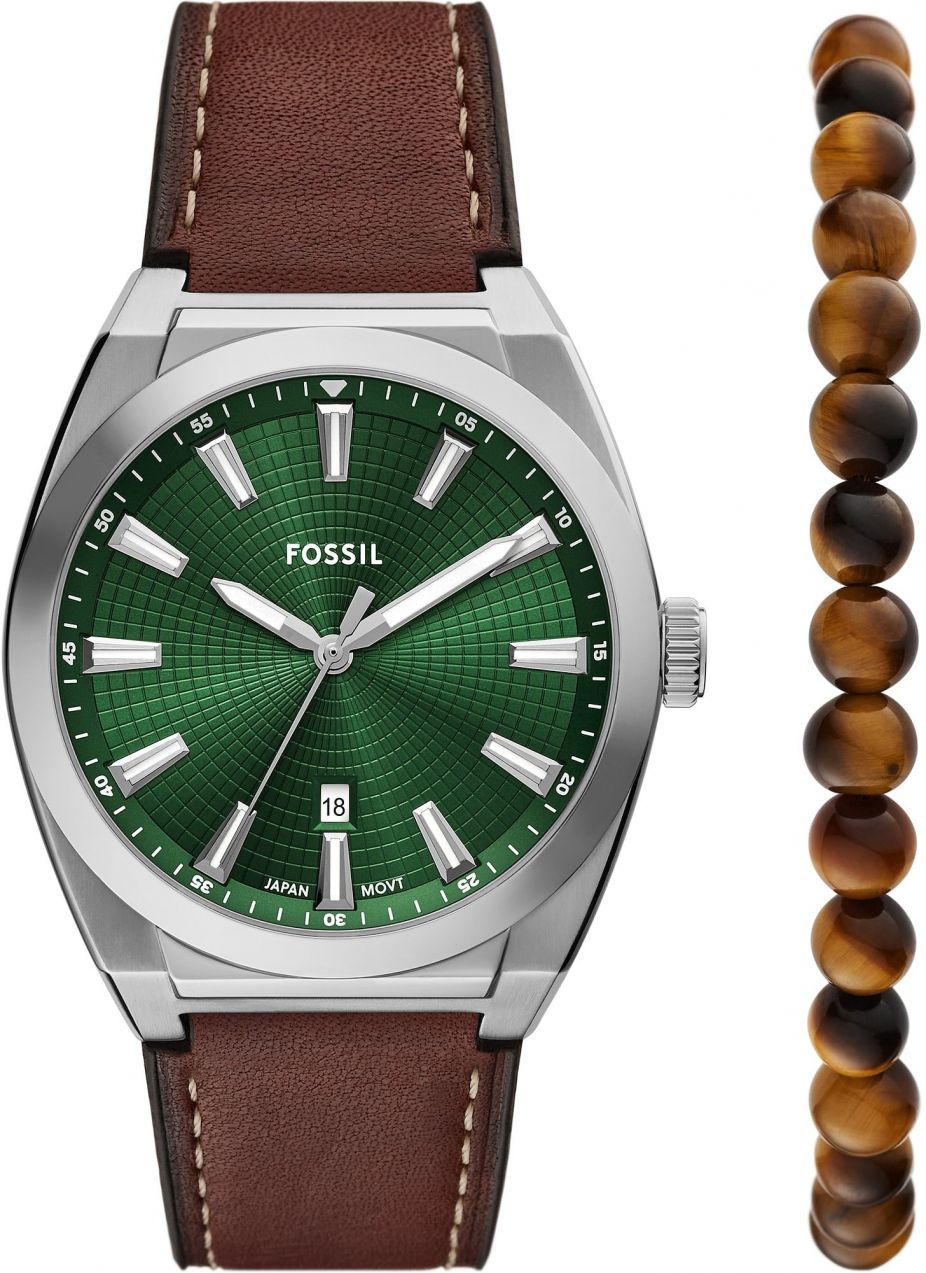 FOSSIL Analógové hodinky 'EVERETT'  tmavohnedá / tmavozelená / strieborná