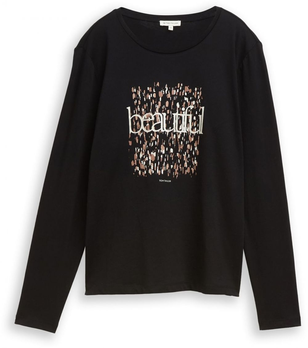 TOM TAILOR Tričko  béžová / čierna / biela ako vlna