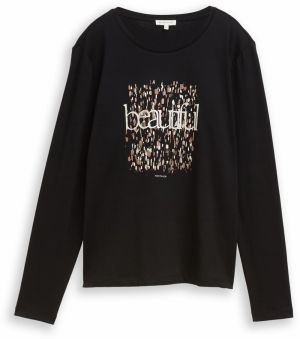 TOM TAILOR Tričko  béžová / čierna / biela ako vlna