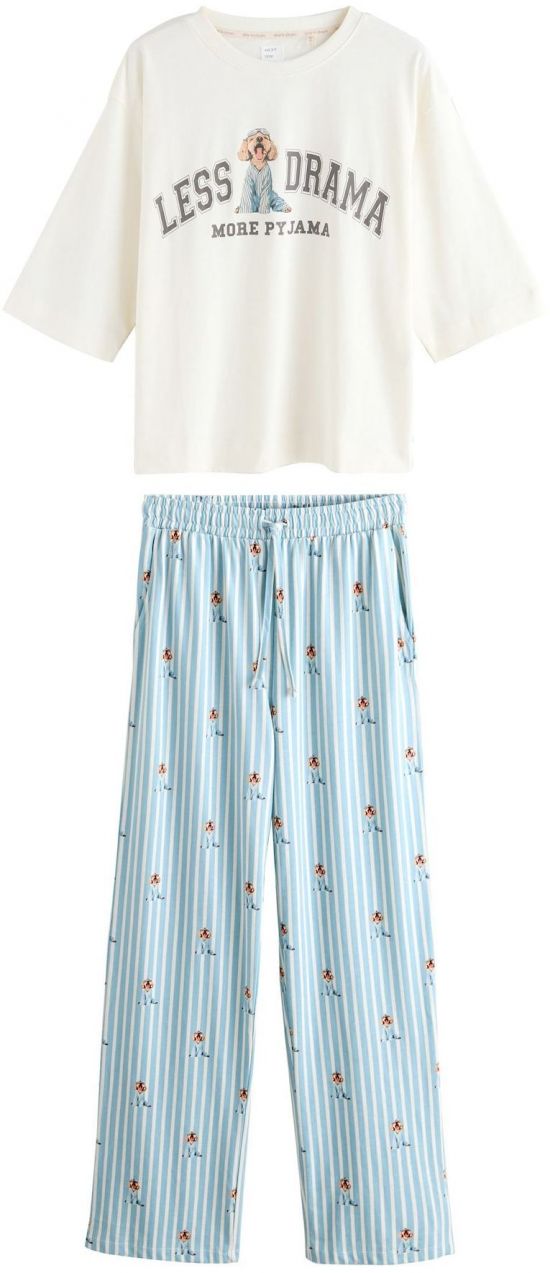 Next Pyžamo  svetlomodrá / svetlohnedá / farby bahna / prírodná biela