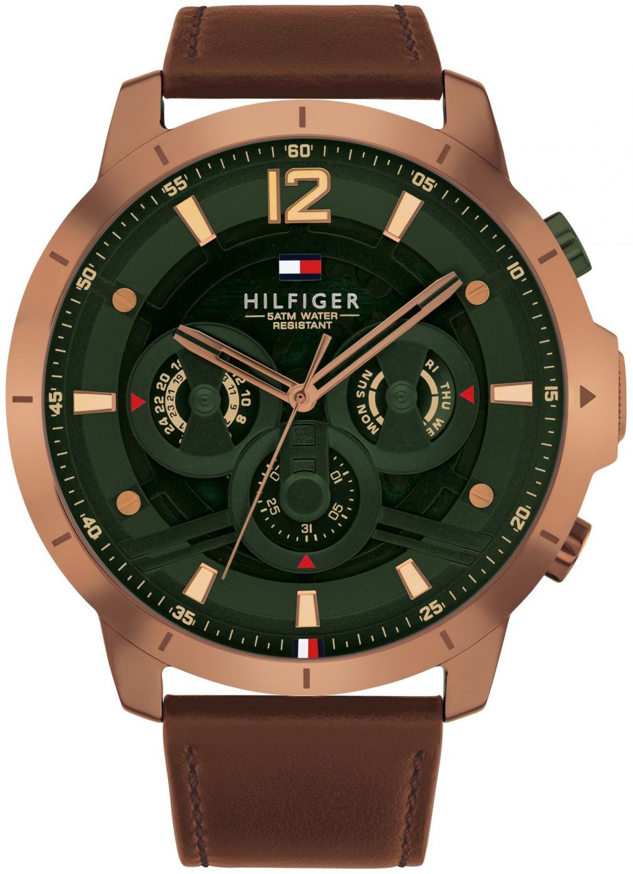 TOMMY HILFIGER Analógové hodinky 'LUCA'  hnedá / tmavozelená