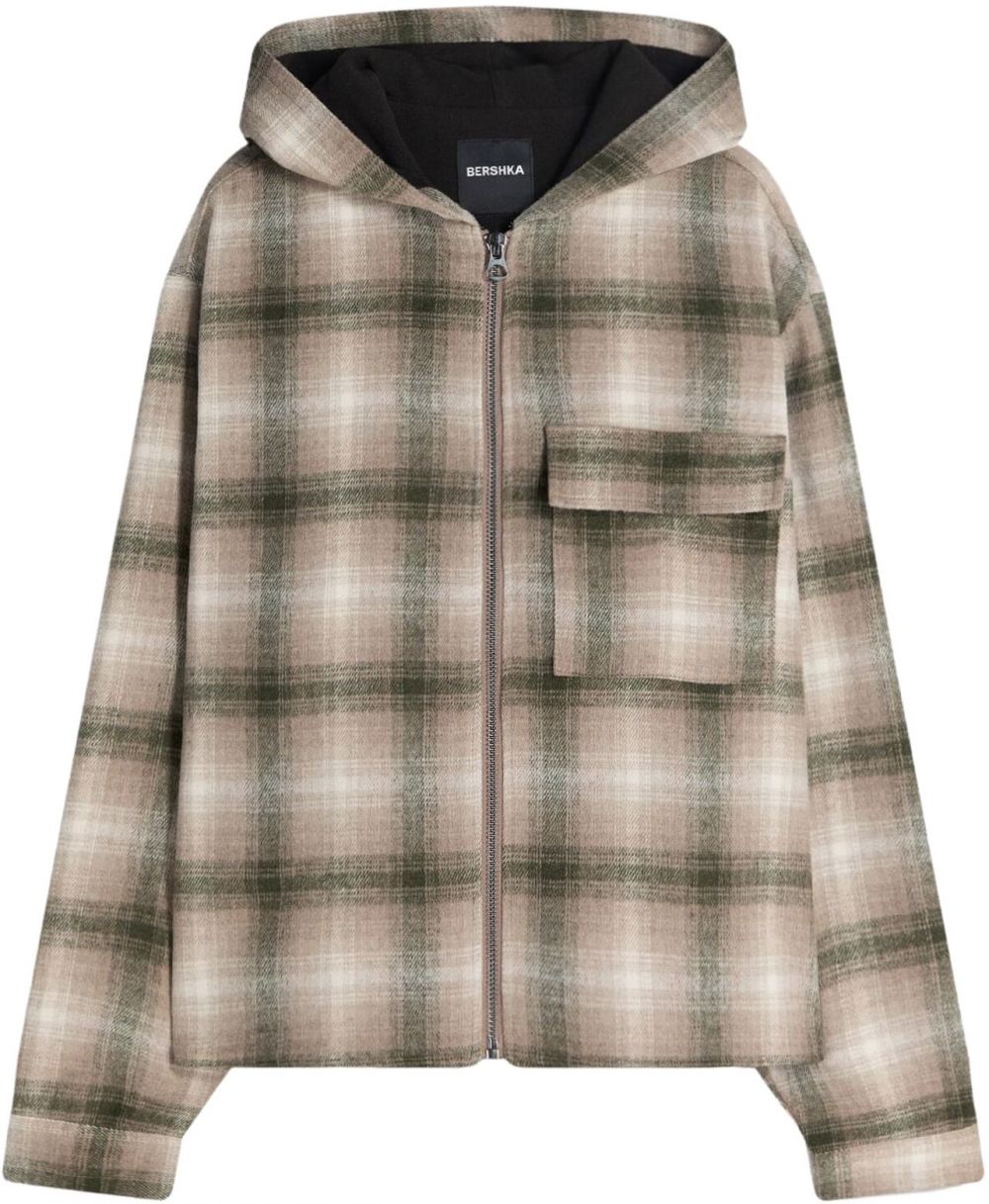 Bershka Prechodná bunda  tmavohnedá / kaki / biela