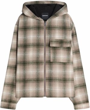 Bershka Prechodná bunda  tmavohnedá / kaki / biela