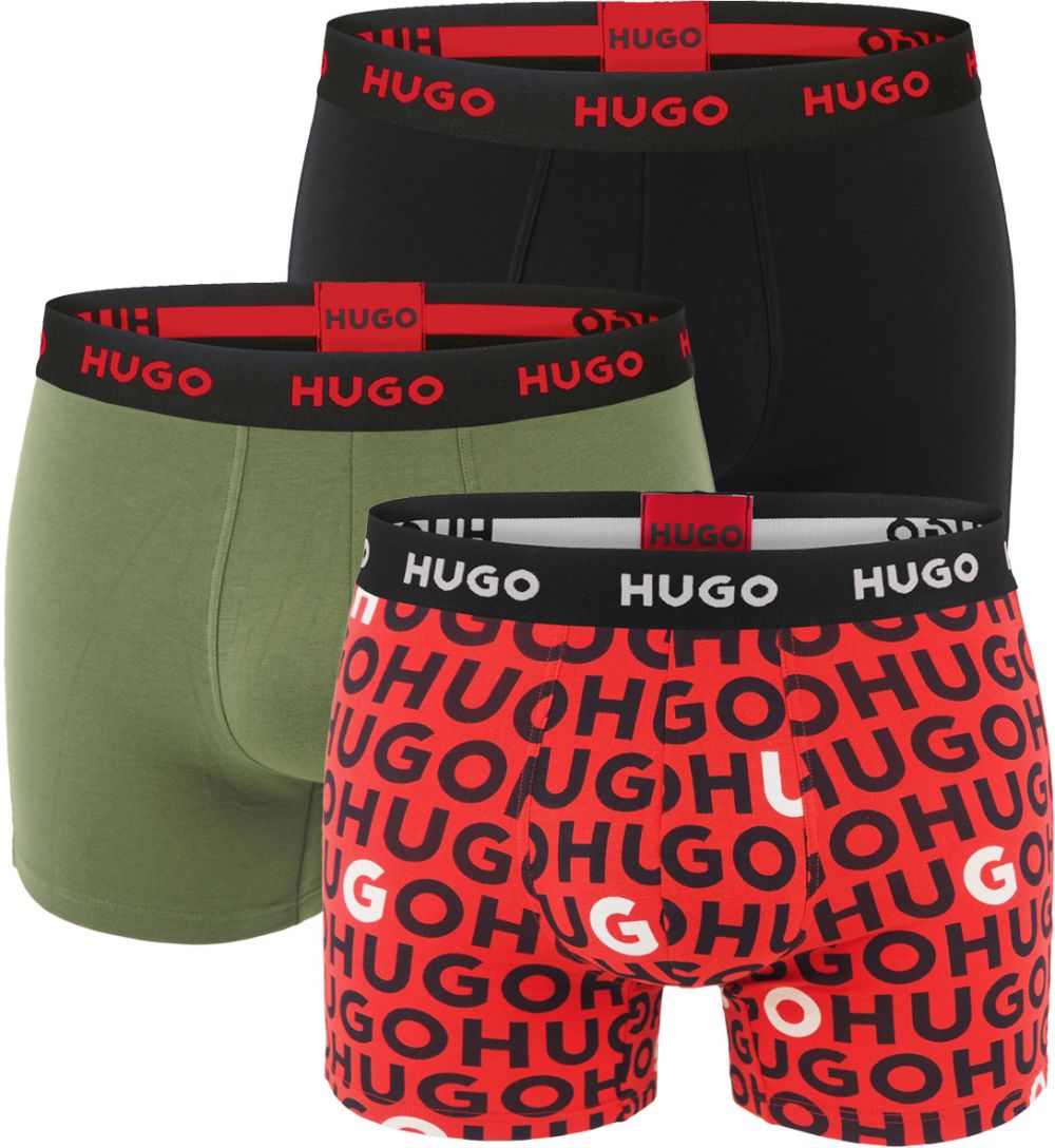 HUGO - boxerky 3PACK cotton stretch classic logo HUGO & army green color combo - limitovaná fashion edícia (HUGO BOSS)