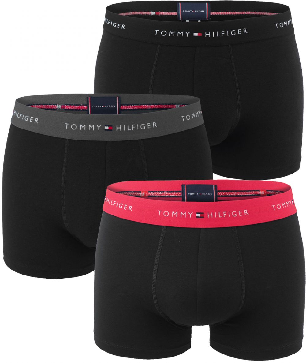 TOMMY HILFIGER - boxerky 3PACK signature cotton essentials black with dark ash & vivid pink waist - limitovaná edícia