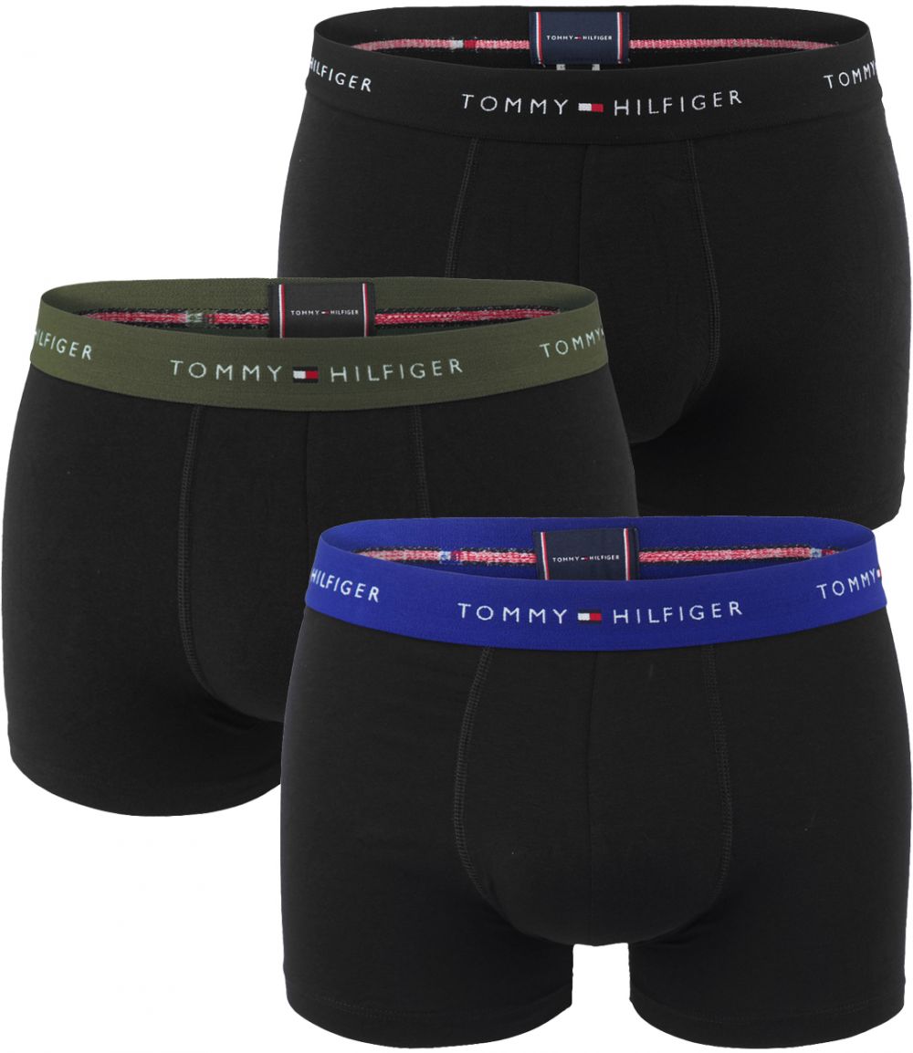 TOMMY HILFIGER - boxerky 3PACK signature cotton essentials black with olive & blue waist - limitovaná edícia