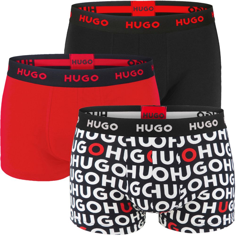 HUGO - boxerky 3PACK cotton stretch modern HUGO logo black & red color - limitovaná fashion edícia (HUGO BOSS)
