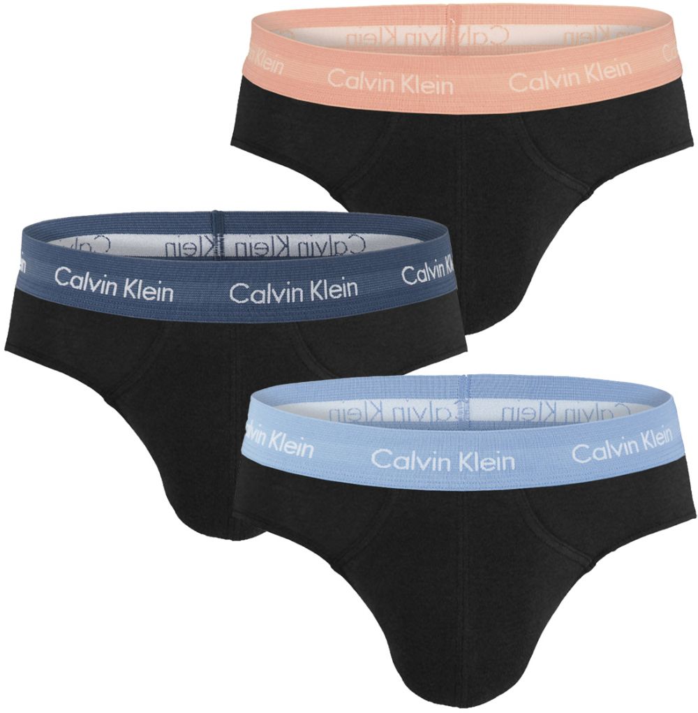 Calvin Klein - slipy 3PACK cotton stretch black with vintage blue color logo waist - limitovaná fashion edícia