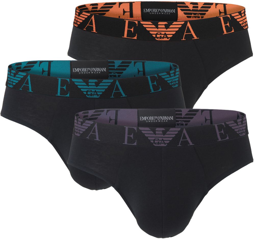EMPORIO ARMANI - slipy 3PACK stretch cotton nero con viola & arancia Armani logo - limited edition