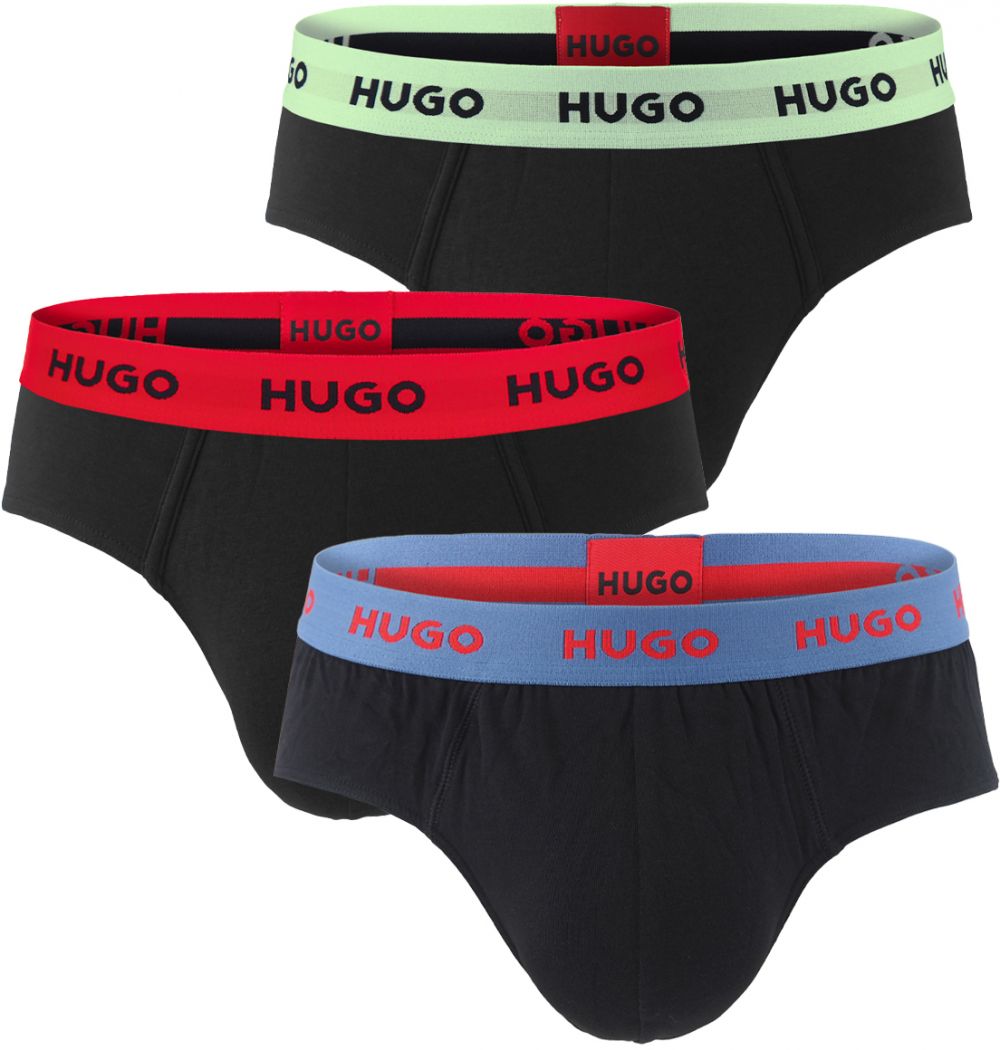 HUGO - slipy 3PACK eco friendly cotton stretch black with modern red & blue color waist - limitovaná fashion edícia (HUGO BOSS)