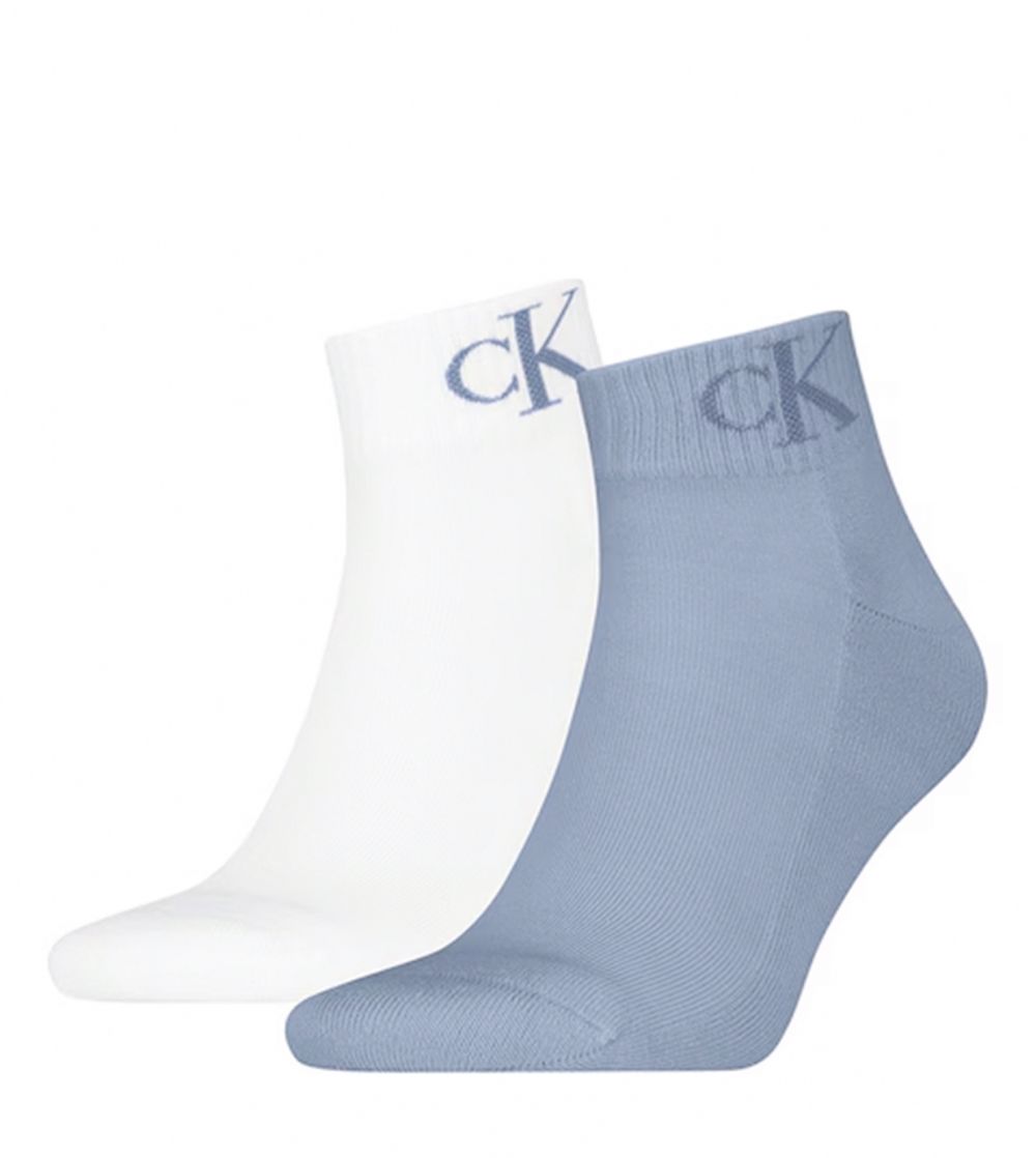 CALVIN KLEIN - 2PACK CK jeans monogram white & blue quarter ponožky - limitovaná edícia