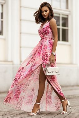 Ružové kvetované šifónové maxi šaty s rozparkom Dolores galéria