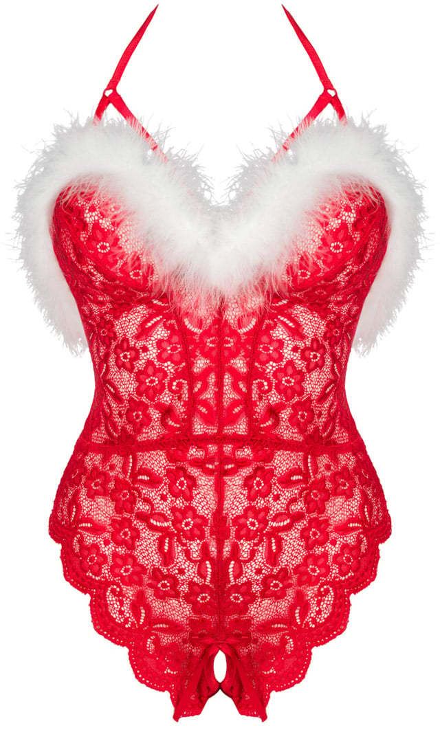Červené čipkované crotchless body Santas Lace Lady