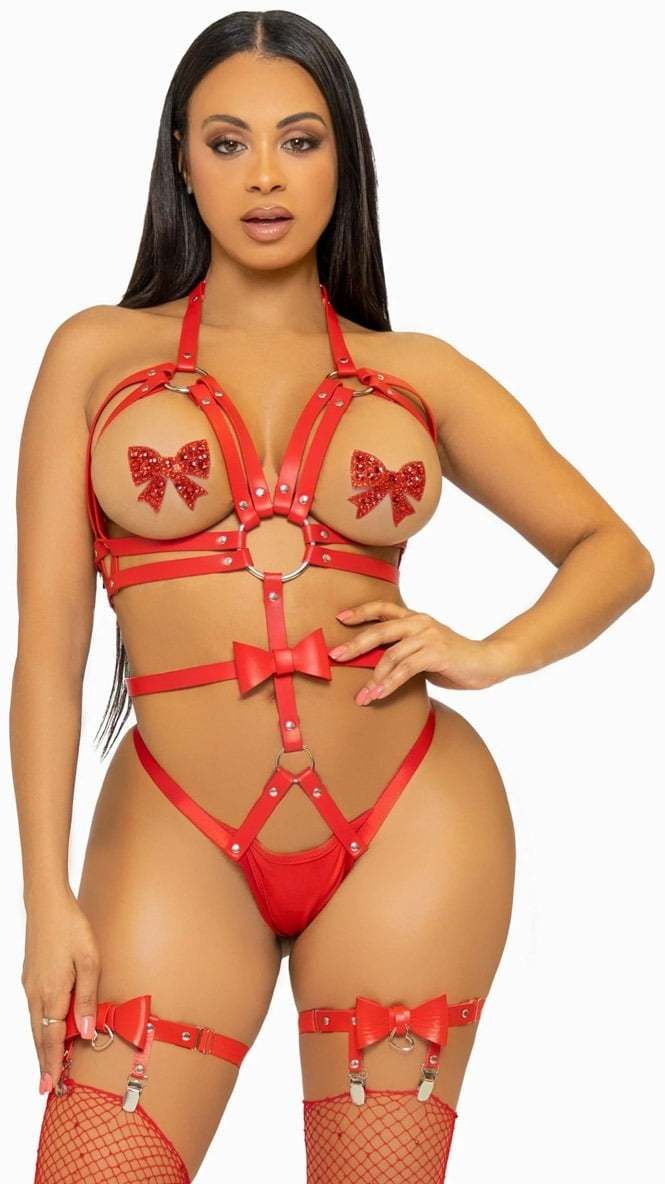 Červené harness body z eko kože KI4037
