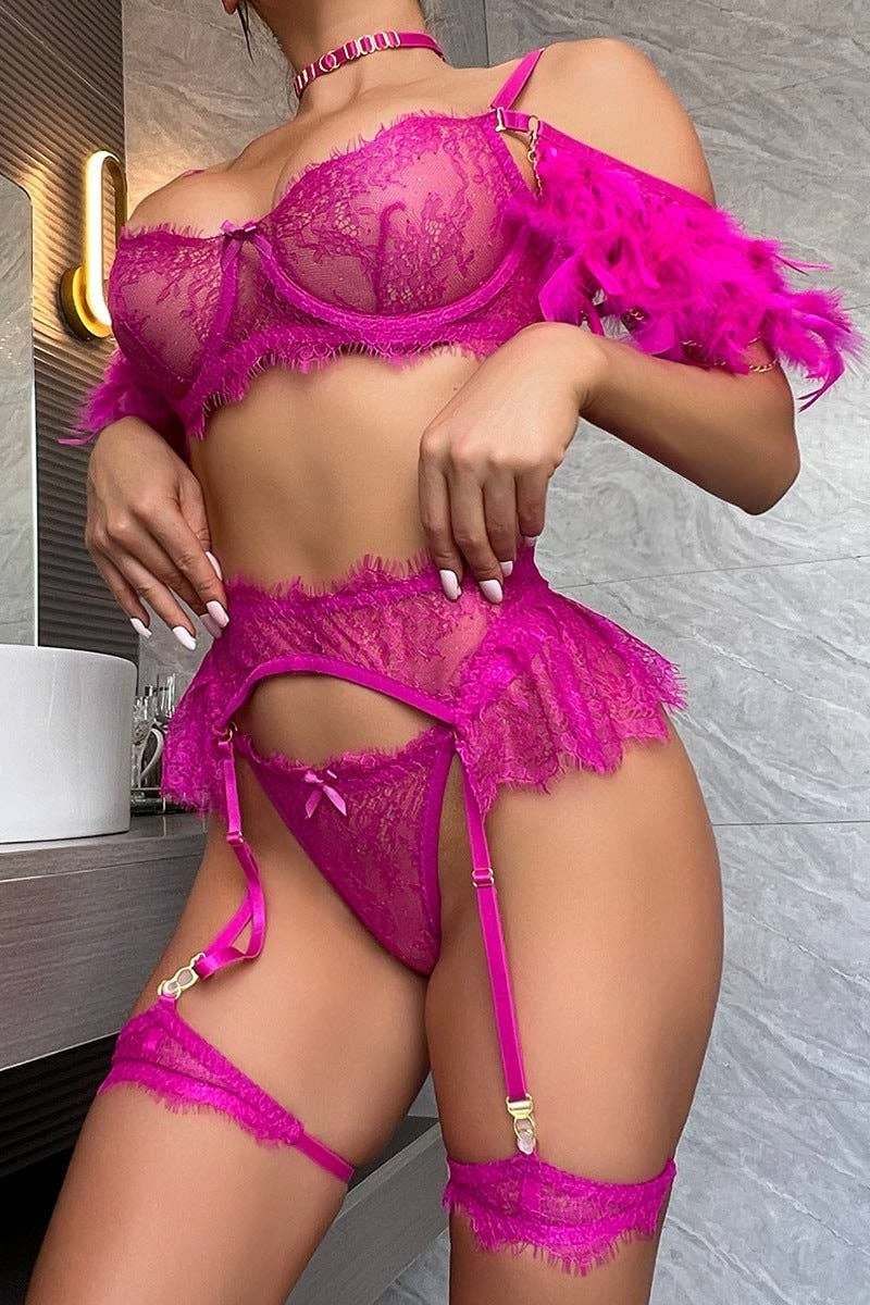 Fuchsiový trojdielny set s pierkami LL5521