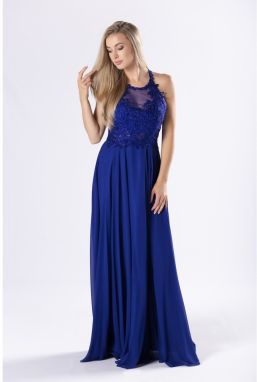 Tulle maxi dress with embroidered top with glittering rhinestones and a halter neckline