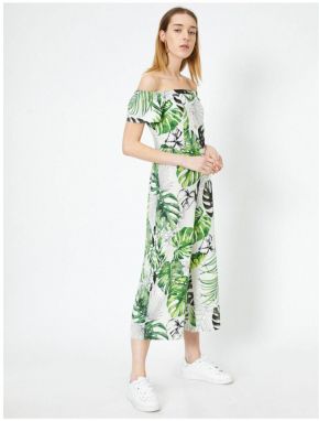 Koton Floral Patterned Linen Blend Off-the-Shoulder Jumpsuit