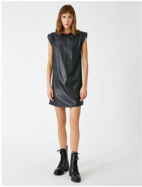Koton Women's Black Crew Neck Faux Leather Dress