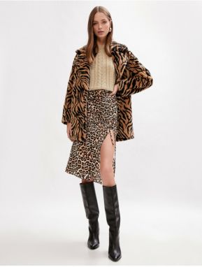 Koton Leopard Patterned Front Slit Midi Satin Skirt