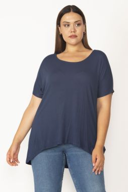 Şans Women's Navy Blue Plus Size Crew Neck Long Back Blouse