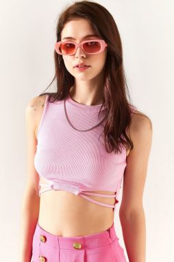 Olalook Women's Candy Pink Lycra Crop Blouse with Decollete