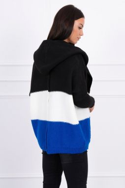 Tri-color hooded sweater black+ecru+purple-blue