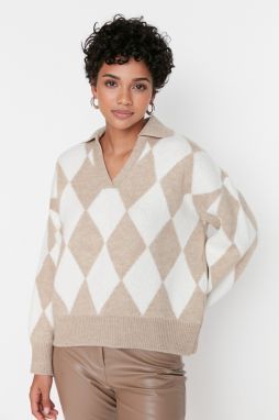 Trendyol béžový široký strih, jemná textúra, vzorovaný pletený sveter