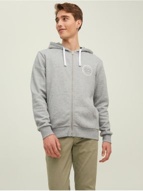 Light Grey Brindle Hoodie Zippered Jack & Jones Stamp - Mens