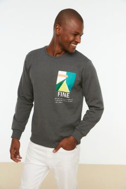Trendyol Anthracite Regular/Real Fit Crew Neck Geometric Printed Sweatshirt
