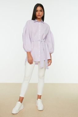 Trendyol Lilac Striped Belted Balloon Back Sleeve Long Woven Shirt