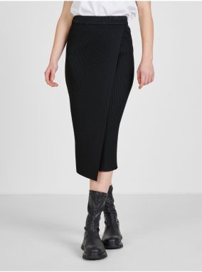 Black Women's Ribbed Wrap Midi Skirt - Women's