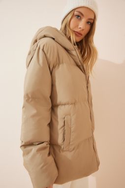 Happiness İstanbul Women's Beige Hooded Oversized Puffer Coat