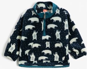 Koton Fleece Sweatshirt Polar Bear Pattern Standing Collar Half Zipper Detailed.